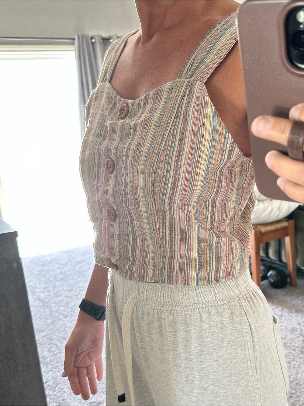 Paper Crane Striped Button-Front Cropped Tank in Pastel Multi